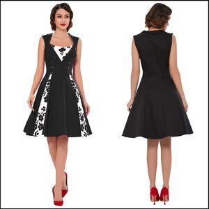 NWT Retro Style Fit & Flare Cocktail Dress, Black/Floral, XL